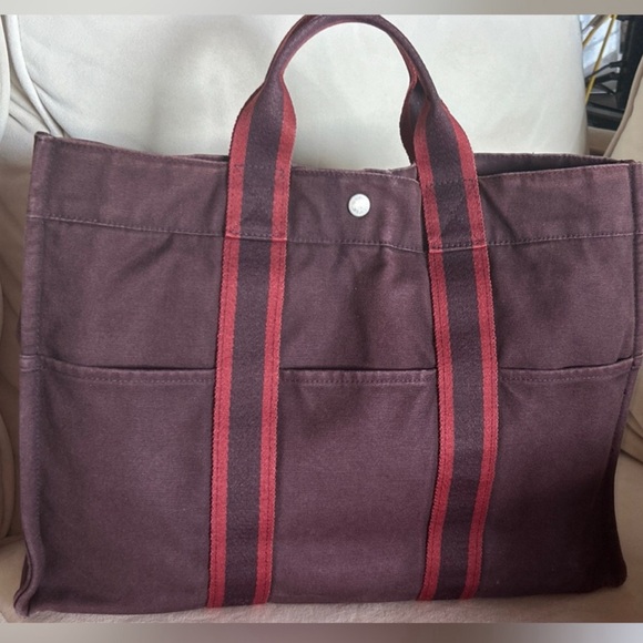 Hermes Tote bag Large back with 3 outer pockets on each side maroon and dark red - Picture 7 of 9